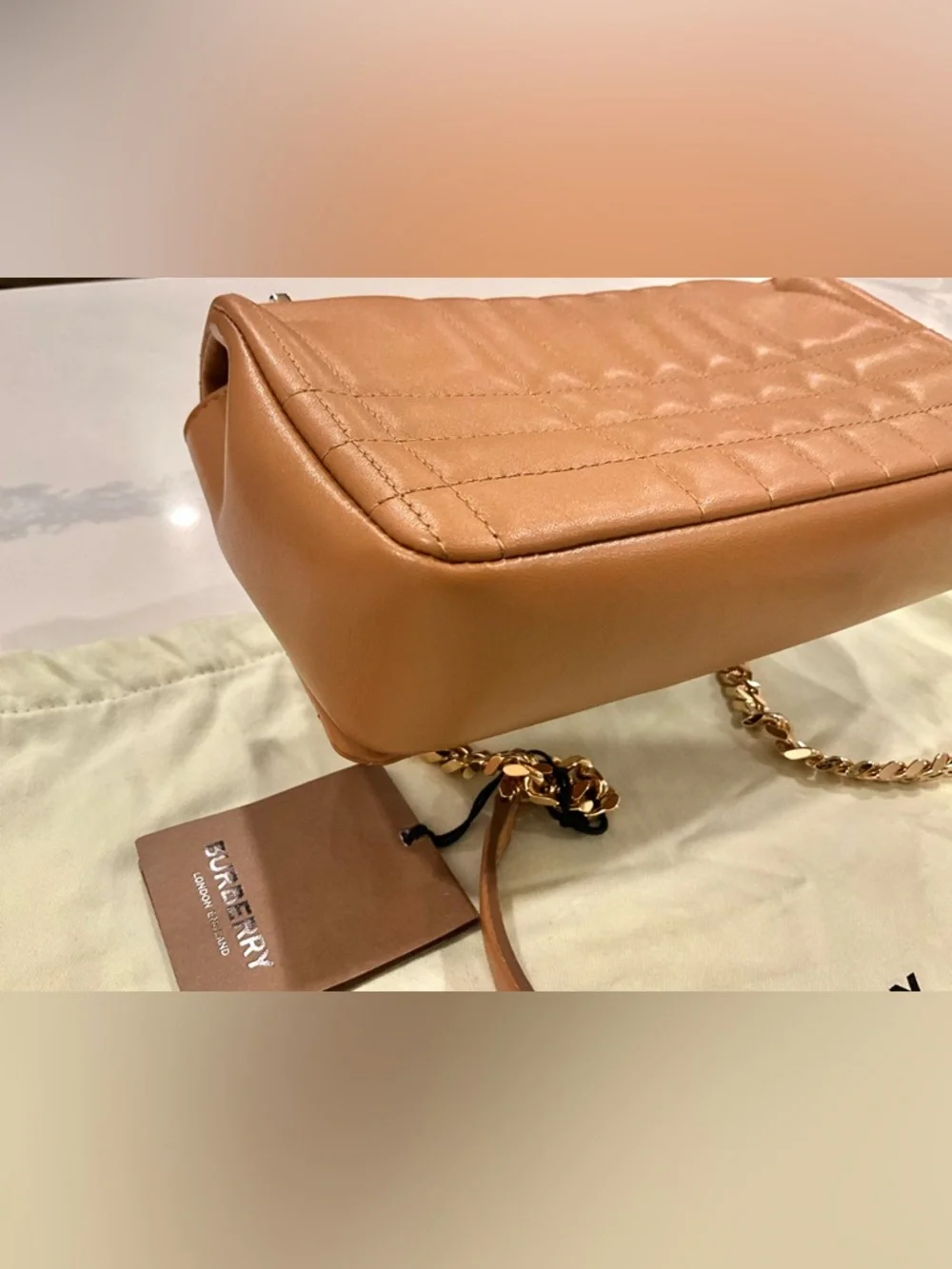 Burberry Small Lola Quilted Leather Bag Maple Brown Gold Chain NWT - Picture 5 of 15